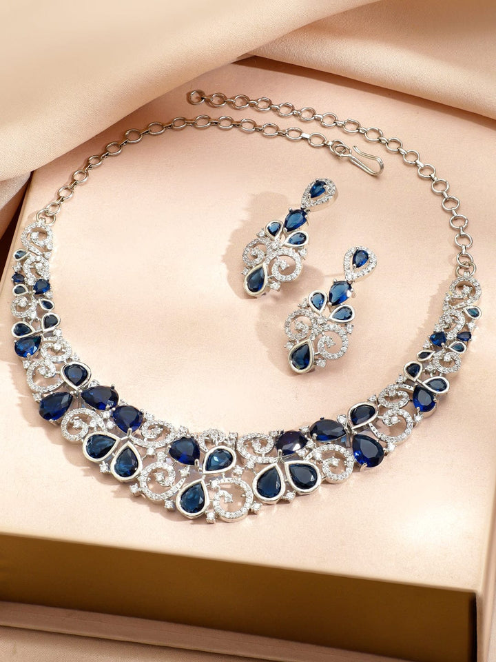 Rubans Rhodium-Plated Blue Sapphire Stone & Cubic Zirconia Floral Statement Necklace Set Jewellery Set