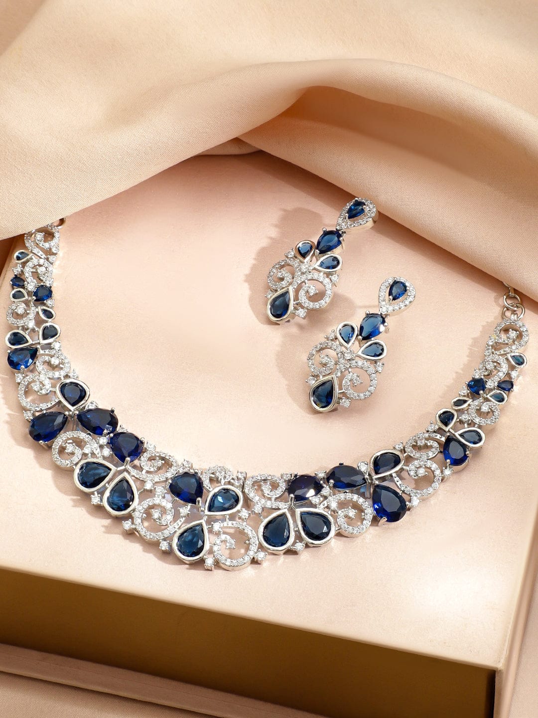Rubans Rhodium-Plated Blue Sapphire Stone & Cubic Zirconia Floral Statement Necklace Set Jewellery Set