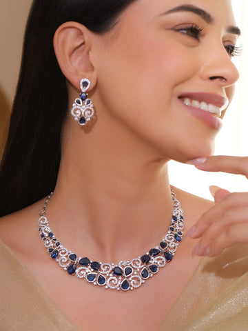 Rubans Rhodium-Plated Blue Sapphire Stone & Cubic Zirconia Floral Statement Necklace Set Necklace Set