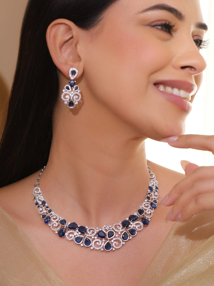 Rubans Rhodium-Plated Blue Sapphire Stone & Cubic Zirconia Floral Statement Necklace Set Necklace Set