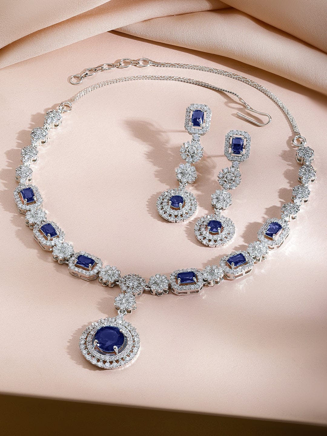 Rubans Rhodium-Plated Blue Sapphire Stone & Cubic Zirconia Studded Statement Necklace Set Jewellery Set