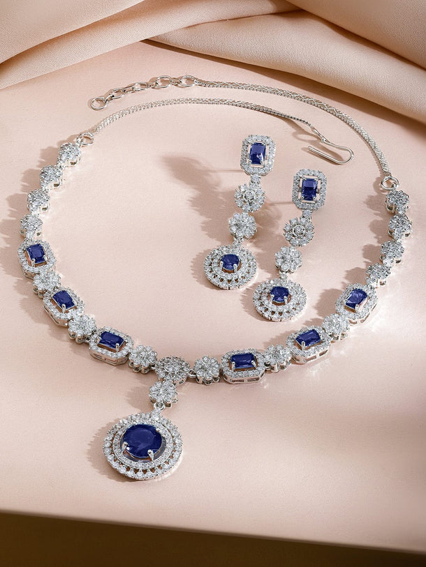 Rubans Rhodium-Plated Blue Sapphire Stone & Cubic Zirconia Studded Statement Necklace Set Jewellery Set