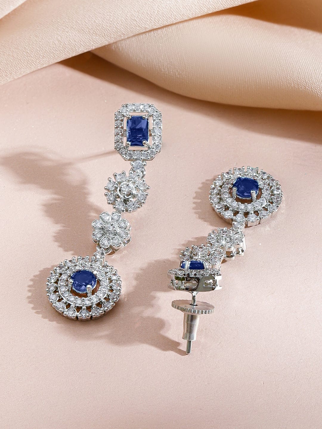 Rubans Rhodium-Plated Blue Sapphire Stone & Cubic Zirconia Studded Statement Necklace Set Jewellery Set