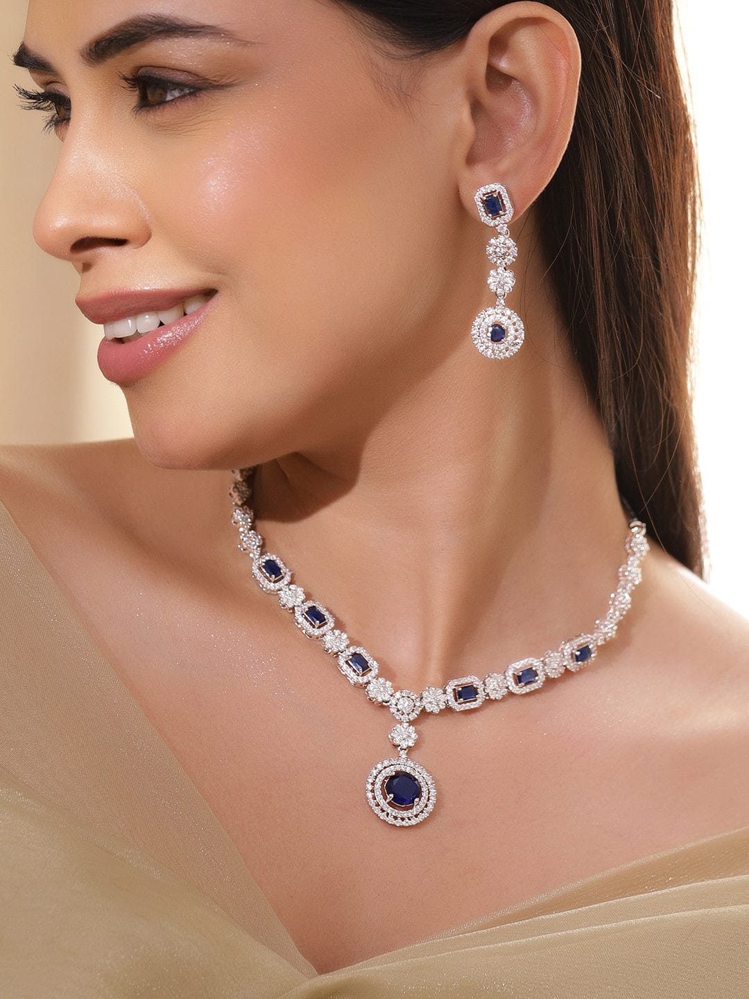 Rubans Rhodium-Plated Blue Sapphire Stone & Cubic Zirconia Studded Statement Necklace Set Jewellery Set