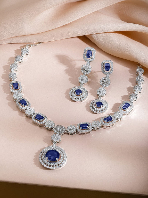 Rubans Rhodium-Plated Blue Sapphire Stone & Cubic Zirconia Studded Statement Necklace Set Jewellery Set