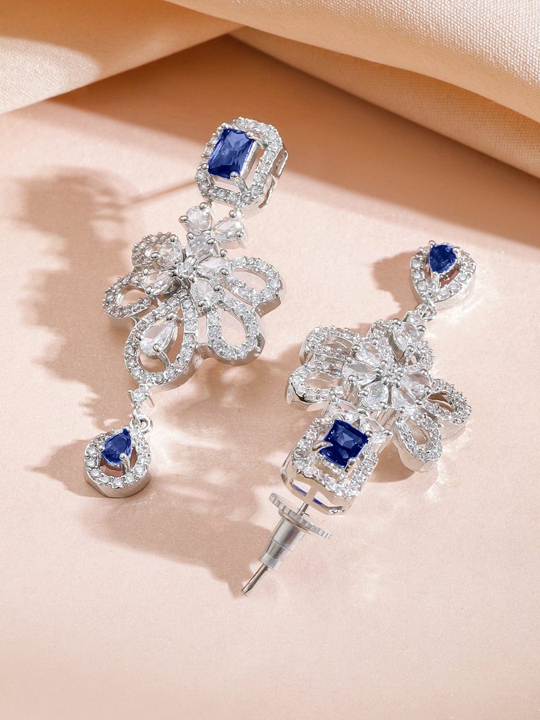 Rubans Rhodium-Plated Blue Sapphire Stone & White Cubic Zirconia Studded Floral Designer Necklace Set Jewellery Set