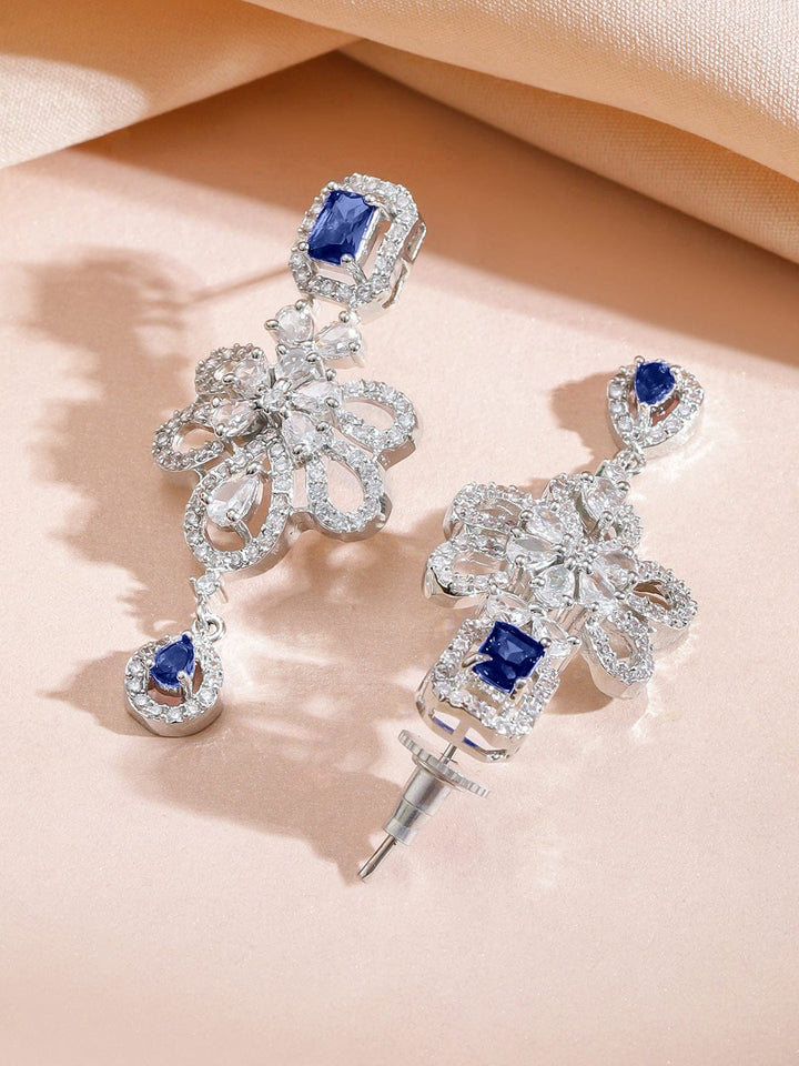 Rubans Rhodium-Plated Blue Sapphire Stone & White Cubic Zirconia Studded Floral Designer Necklace Set Jewellery Set