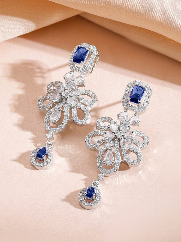 Rubans Rhodium-Plated Blue Sapphire Stone & White Cubic Zirconia Studded Floral Designer Necklace Set Jewellery Set