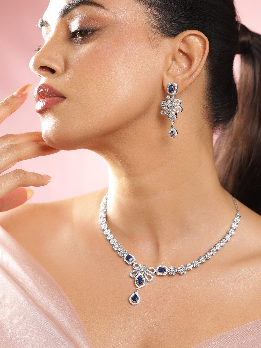 Rubans Rhodium-Plated Blue Sapphire Stone & White Cubic Zirconia Studded Floral Designer Necklace Set Jewellery Set