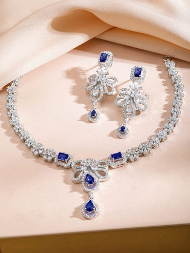 Rubans Rhodium-Plated Blue Sapphire Stone & White Cubic Zirconia Studded Floral Designer Necklace Set Necklace Set