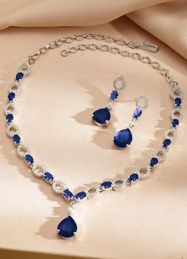 Rubans Rhodium-Plated Blue Sapphire Stone with Cubic Zirconia Classic Designer Necklace Set Jewellery Set