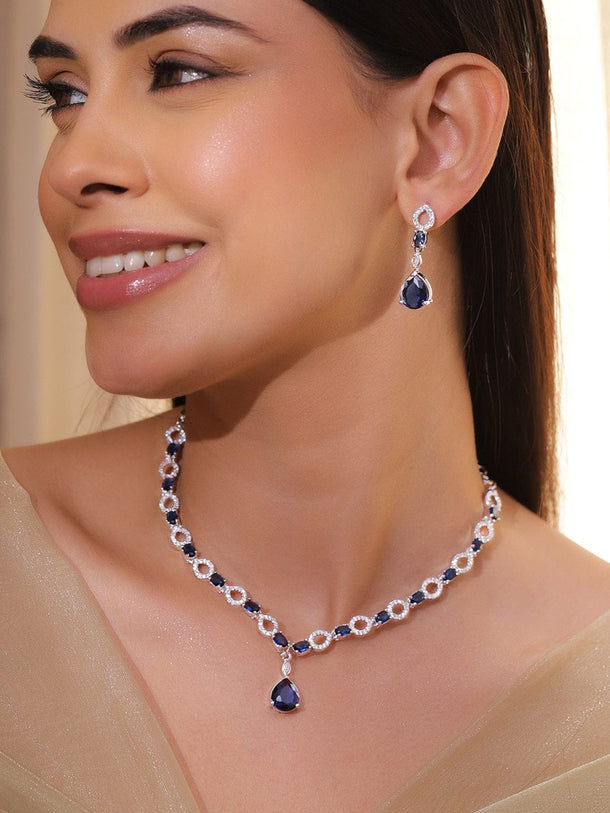 Rubans Rhodium-Plated Blue Sapphire Stone with Cubic Zirconia Classic Designer Necklace Set Jewellery Set