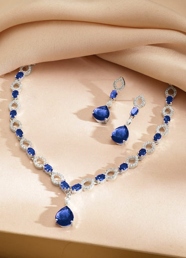 Rubans Rhodium-Plated Blue Sapphire Stone with Cubic Zirconia Classic Designer Necklace Set Jewellery Set