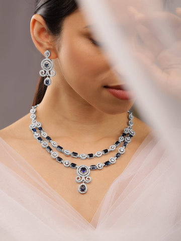 Rubans Rhodium-Plated Blue Sapphire & White Cubic Zirconia Double Layer Luxe Jewellery Set Necklace Set