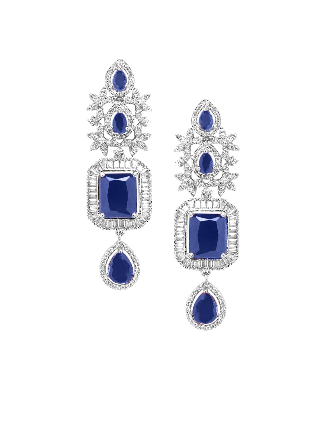 Rubans Rhodium-Plated Blue Sapphire & White Cubic Zirconia Handcrafted Premium Jewellery Set Jewellery Set