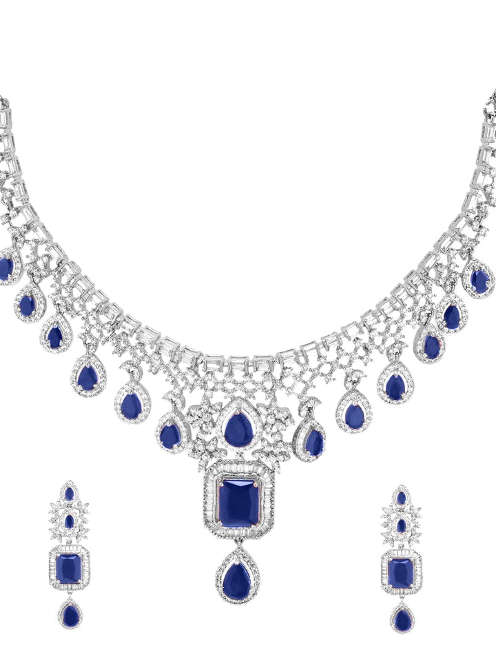 Rubans Rhodium-Plated Blue Sapphire & White Cubic Zirconia Handcrafted Premium Jewellery Set Jewellery Set