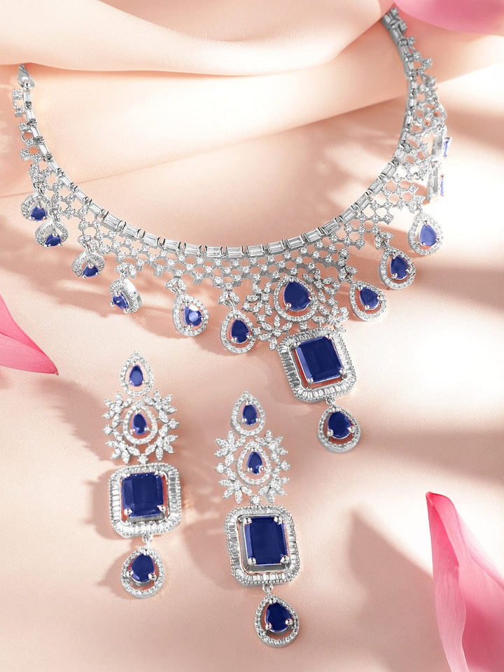 Rubans Rhodium-Plated Blue Sapphire & White Cubic Zirconia Handcrafted Premium Jewellery Set Jewellery Set