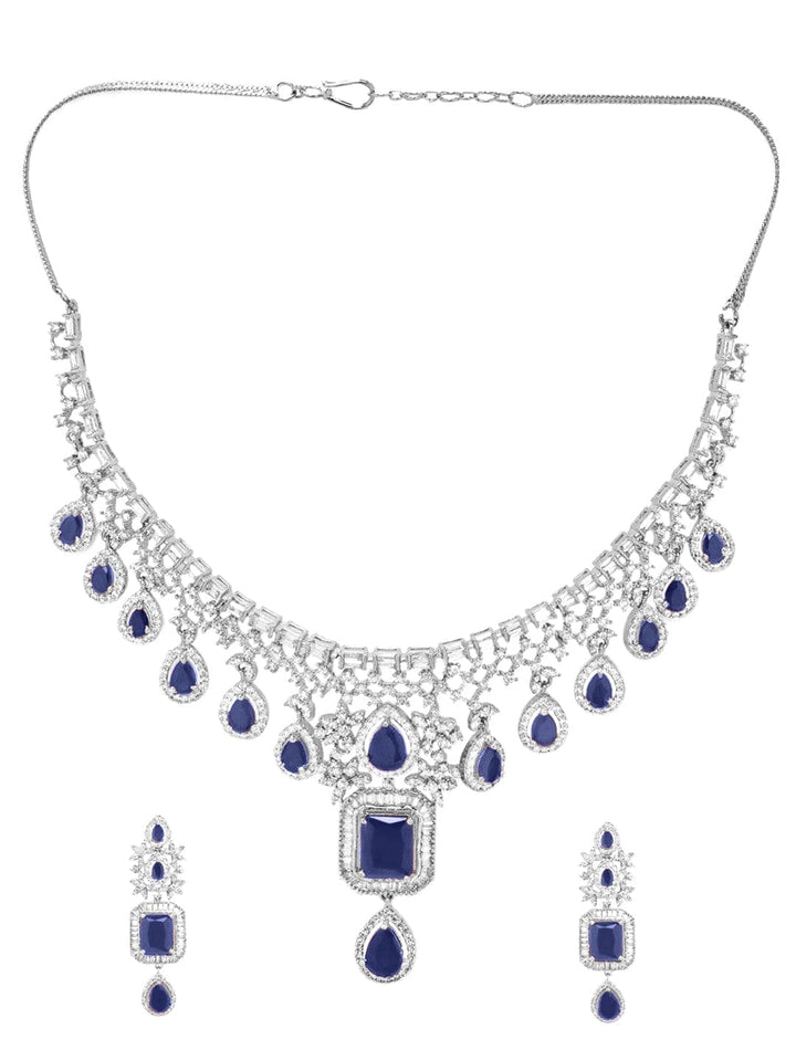 Rubans Rhodium-Plated Blue Sapphire & White Cubic Zirconia Handcrafted Premium Jewellery Set Jewellery Set