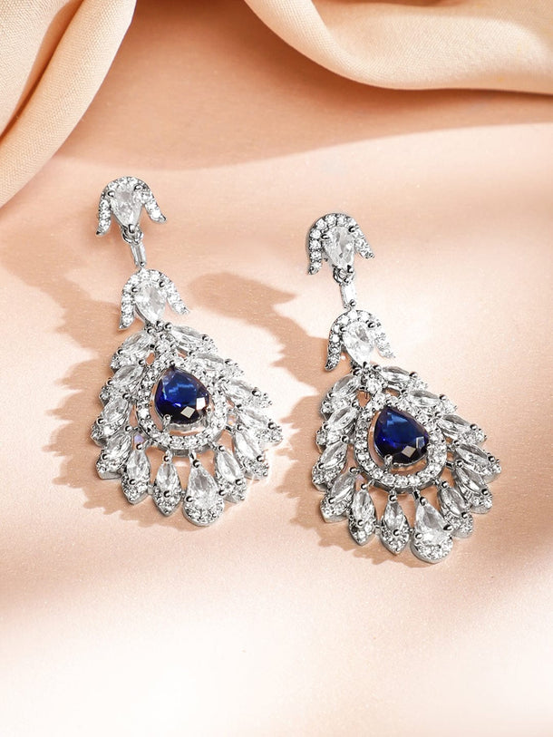 Rubans Rhodium-Plated Blue Sapphire & White Cubic Zirconia Studded Luxe Drop Necklace Set Jewellery Set