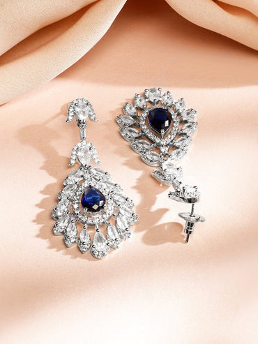Rubans Rhodium-Plated Blue Sapphire & White Cubic Zirconia Studded Luxe Drop Necklace Set Jewellery Set