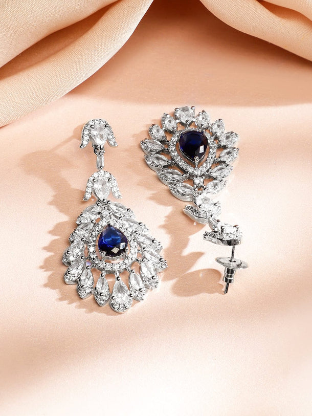 Rubans Rhodium-Plated Blue Sapphire & White Cubic Zirconia Studded Luxe Drop Necklace Set Jewellery Set