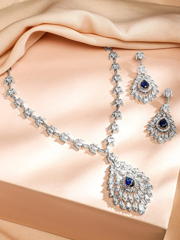 Rubans Rhodium-Plated Blue Sapphire & White Cubic Zirconia Studded Luxe Drop Necklace Set Jewellery Set