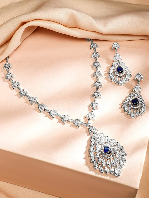 Rubans Rhodium-Plated Blue Sapphire & White Cubic Zirconia Studded Luxe Drop Necklace Set Jewellery Set
