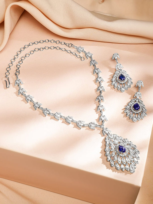 Rubans Rhodium-Plated Blue Sapphire & White Cubic Zirconia Studded Luxe Drop Necklace Set Jewellery Set