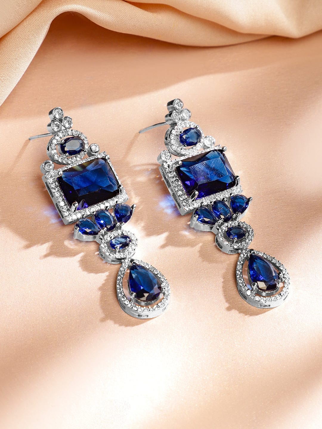 Rubans Rhodium-Plated Blue Sapphire & White Cubic Zirconia Studded Luxe Jewellery Set Jewellery Set