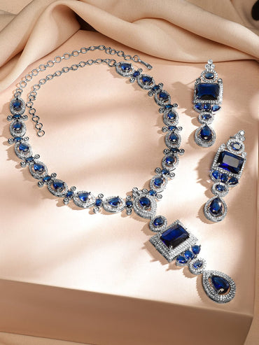Rubans Rhodium-Plated Blue Sapphire & White Cubic Zirconia Studded Luxe Jewellery Set Jewellery Set