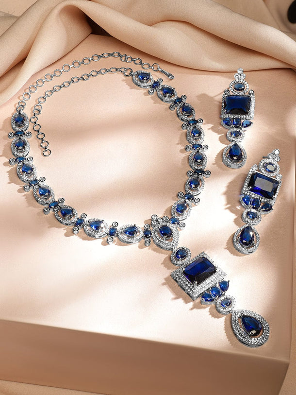 Rubans Rhodium-Plated Blue Sapphire & White Cubic Zirconia Studded Luxe Jewellery Set Jewellery Set