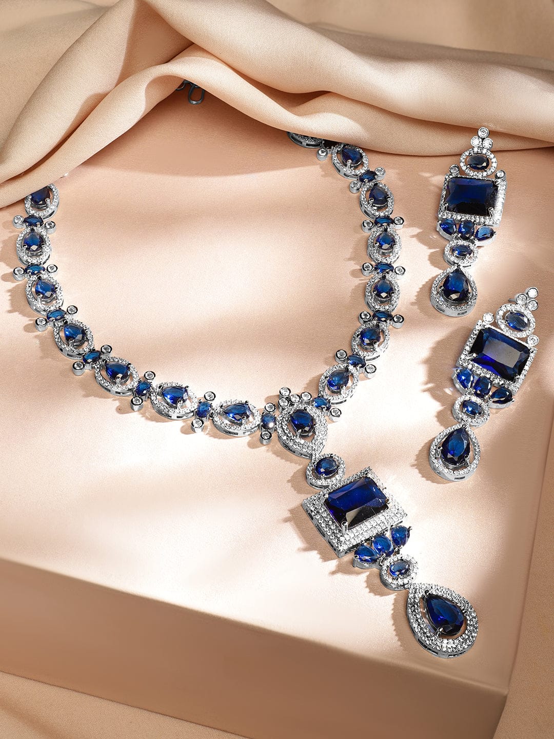 Rubans Rhodium-Plated Blue Sapphire & White Cubic Zirconia Studded Luxe Jewellery Set Jewellery Set
