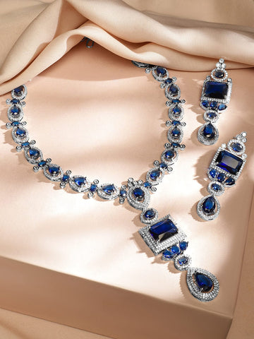 Rubans Rhodium-Plated Blue Sapphire & White Cubic Zirconia Studded Luxe Jewellery Set Jewellery Set