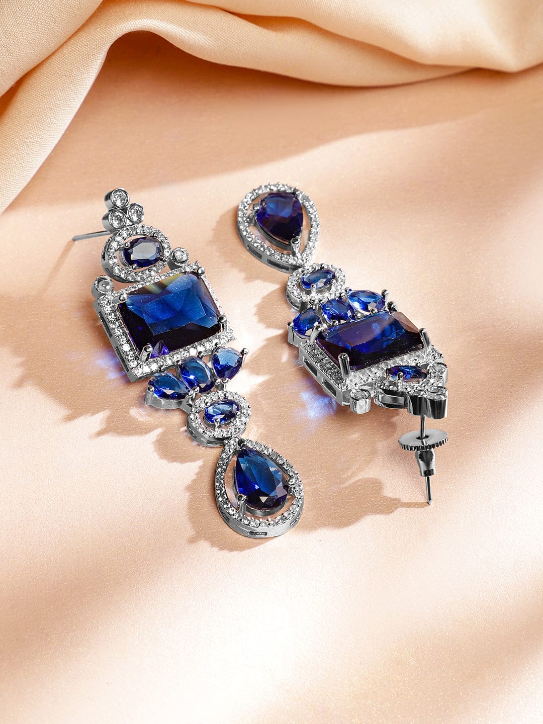 Rubans Rhodium-Plated Blue Sapphire & White Cubic Zirconia Studded Luxe Jewellery Set Jewellery Set