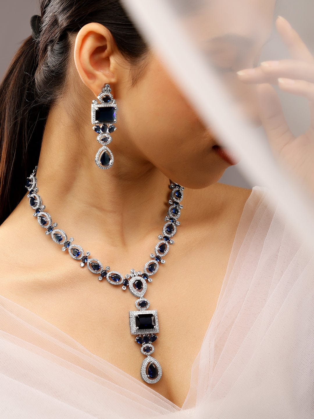 Rubans Rhodium-Plated Blue Sapphire & White Cubic Zirconia Studded Luxe Jewellery Set RE14NS408415 RE14NS408415 Necklace Set