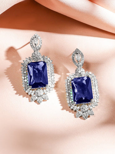 Rubans Rhodium-Plated Blue Sapphire & White Cubic Zirconia Studded Luxe V-Shaped Statement Necklace Set Jewellery Set