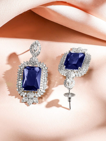 Rubans Rhodium-Plated Blue Sapphire & White Cubic Zirconia Studded Luxe V-Shaped Statement Necklace Set Jewellery Set