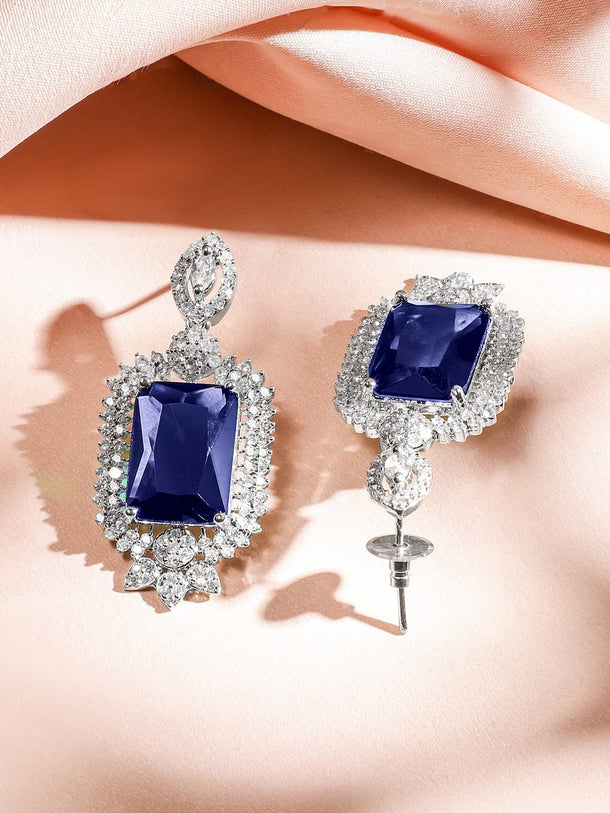 Rubans Rhodium-Plated Blue Sapphire & White Cubic Zirconia Studded Luxe V-Shaped Statement Necklace Set Jewellery Set