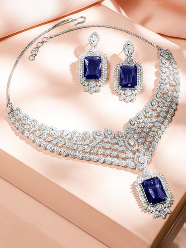 Rubans Rhodium-Plated Blue Sapphire & White Cubic Zirconia Studded Luxe V-Shaped Statement Necklace Set Jewellery Set