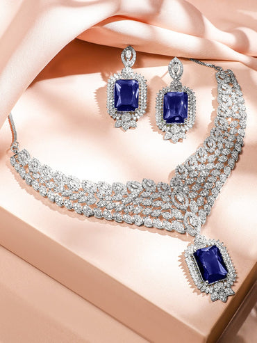 Rubans Rhodium-Plated Blue Sapphire & White Cubic Zirconia Studded Luxe V-Shaped Statement Necklace Set Jewellery Set