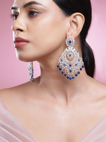 Rubans Rhodium-Plated Blue Sapphire & White Cubic Zirconia Studded Premium Chandelier Earrings Earrings