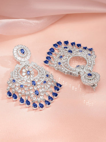 Rubans Rhodium-Plated Blue Sapphire & White Cubic Zirconia Studded Premium Chandelier Earrings Earrings