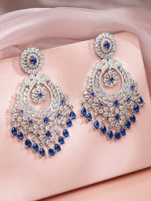 Rubans Rhodium-Plated Blue Sapphire & White Cubic Zirconia Studded Premium Chandelier Earrings Earrings