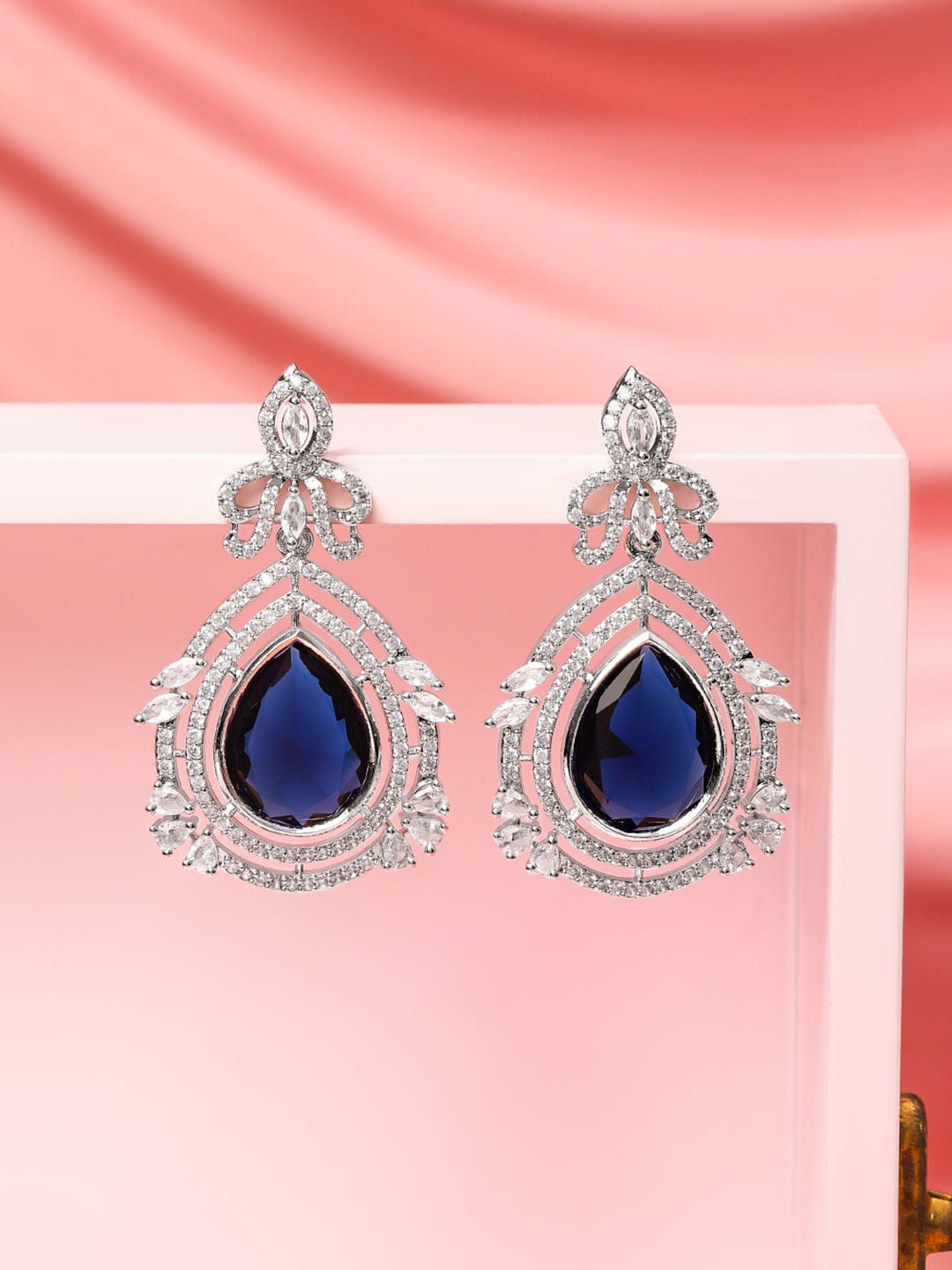 Rubans Rhodium-Plated Blue Sapphire & White Cubic Zirconia Studded Teardrop Design Drop Earrings Earrings