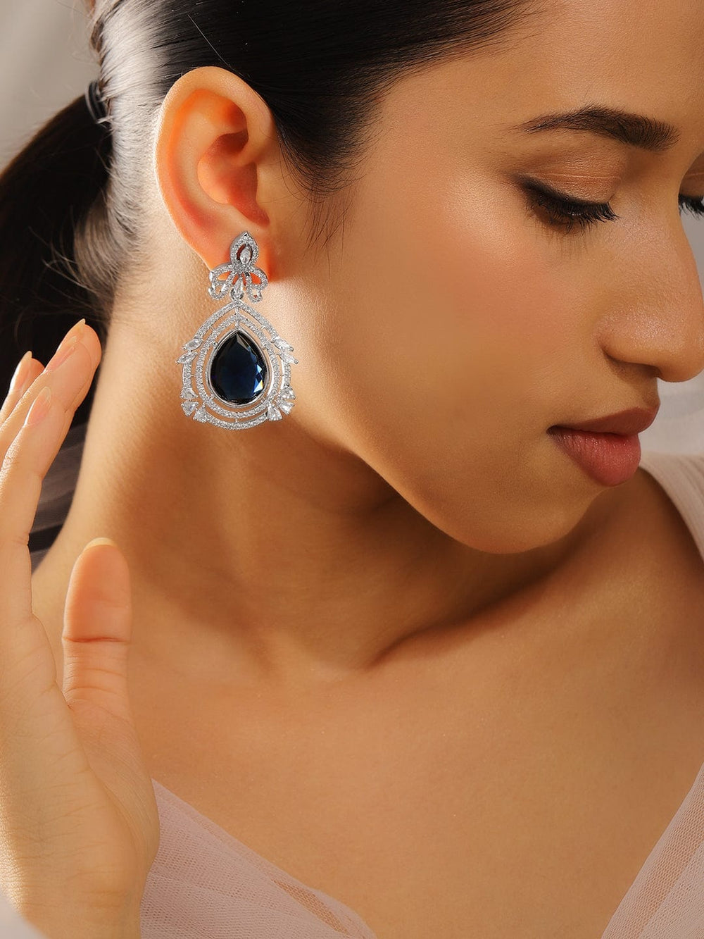 Rubans Rhodium-Plated Blue Sapphire & White Cubic Zirconia Studded Teardrop Design Drop Earrings Earrings