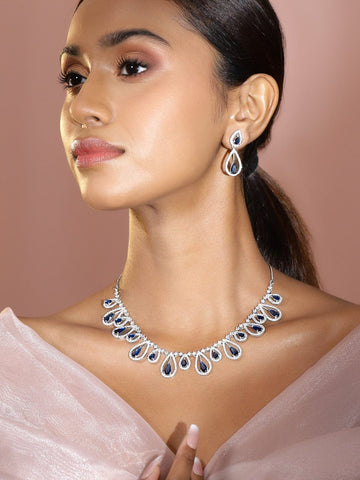 Rubans Rhodium Plated Blue Sapphire & White Cubic Zirconia Studded Teardrop Design Premium Jewellery Set Jewellery Set