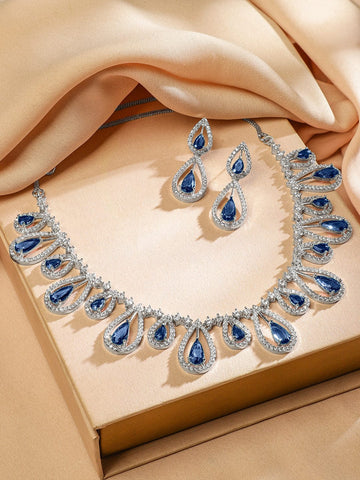 Rubans Rhodium Plated Blue Sapphire & White Cubic Zirconia Studded Teardrop Design Premium Jewellery Set Necklace Set