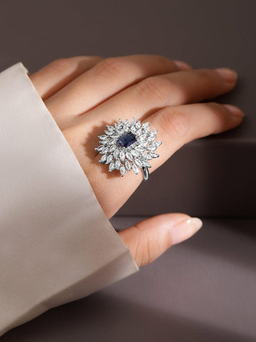 Rubans Rhodium-Plated Blue Sapphire & White CubicZirconia Studded Adjustable Cocktail Ring Finger Rings