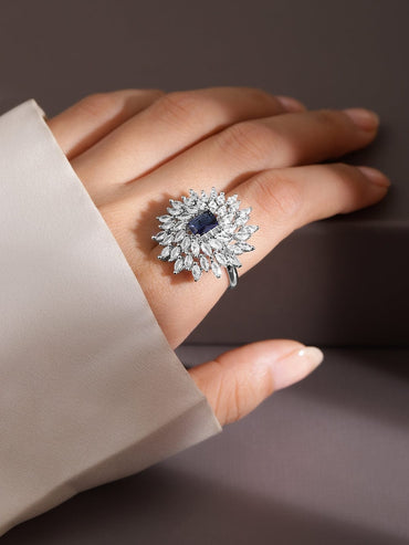 Rubans Rhodium-Plated Blue Sapphire & White CubicZirconia Studded Adjustable Cocktail Ring Finger Rings