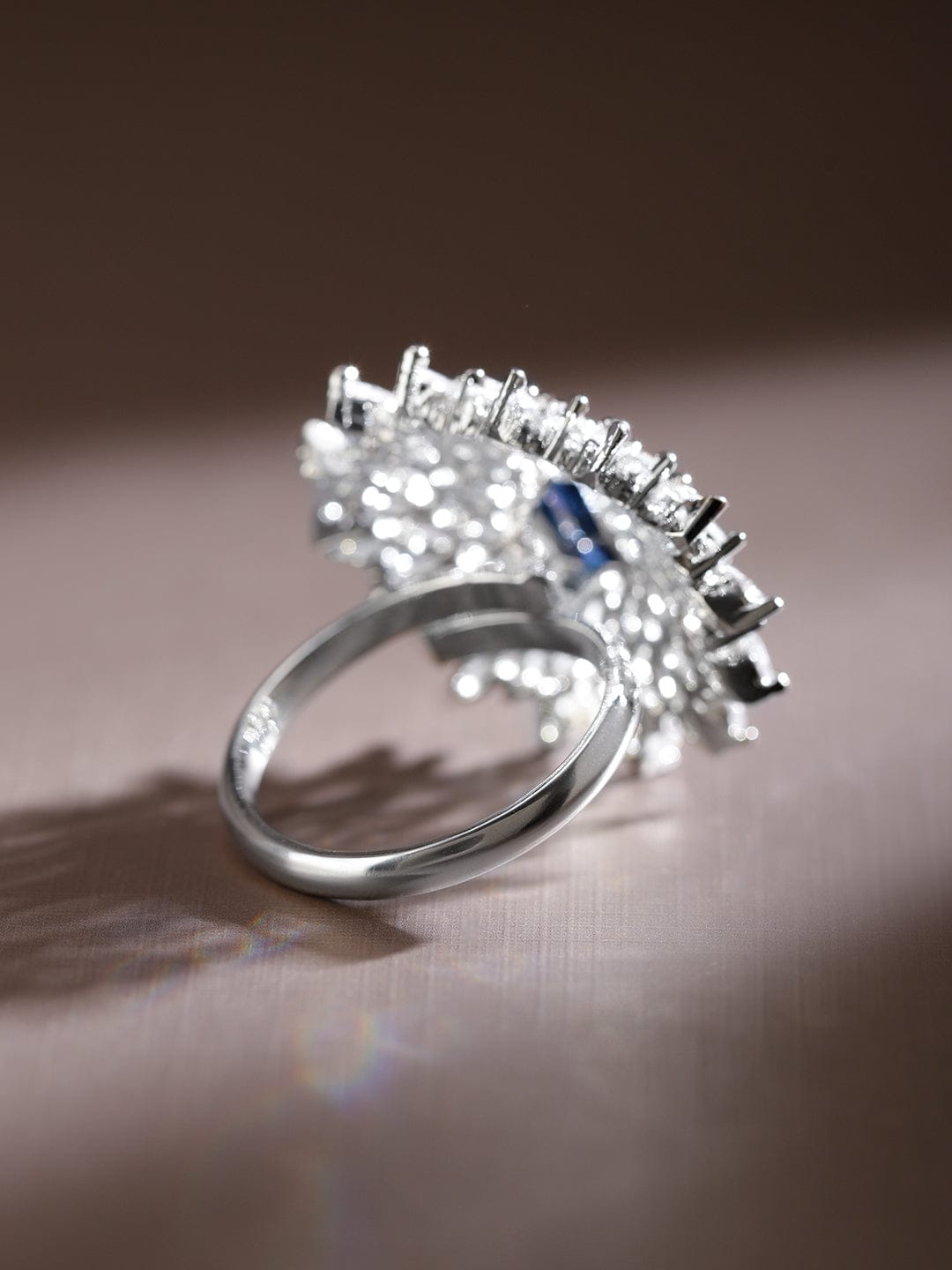 Rubans Rhodium-Plated Blue Sapphire & White CubicZirconia Studded Adjustable Cocktail Ring Rings